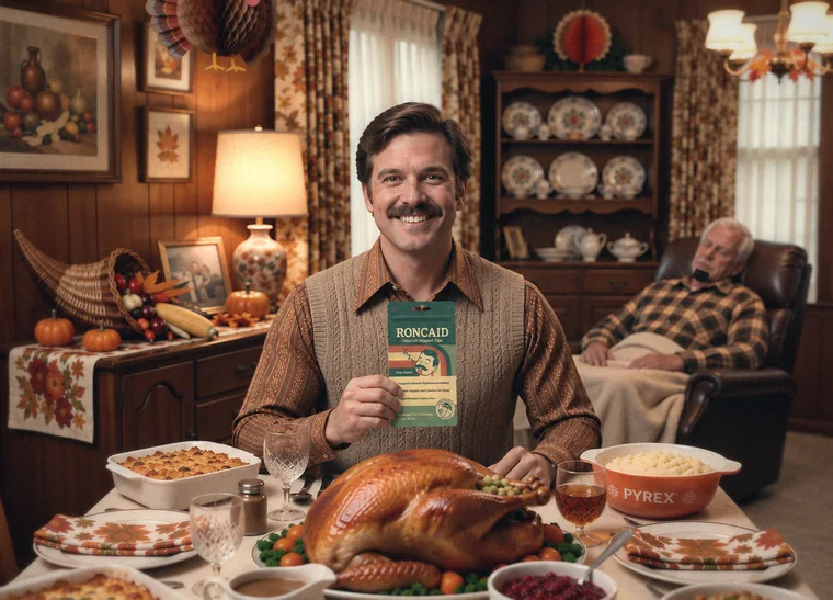 A 1970s Thanksgiving table, the turkey carved, a man holding a packet of Roncaid chin lift tape while an older relative sleeps in the recliner behind him