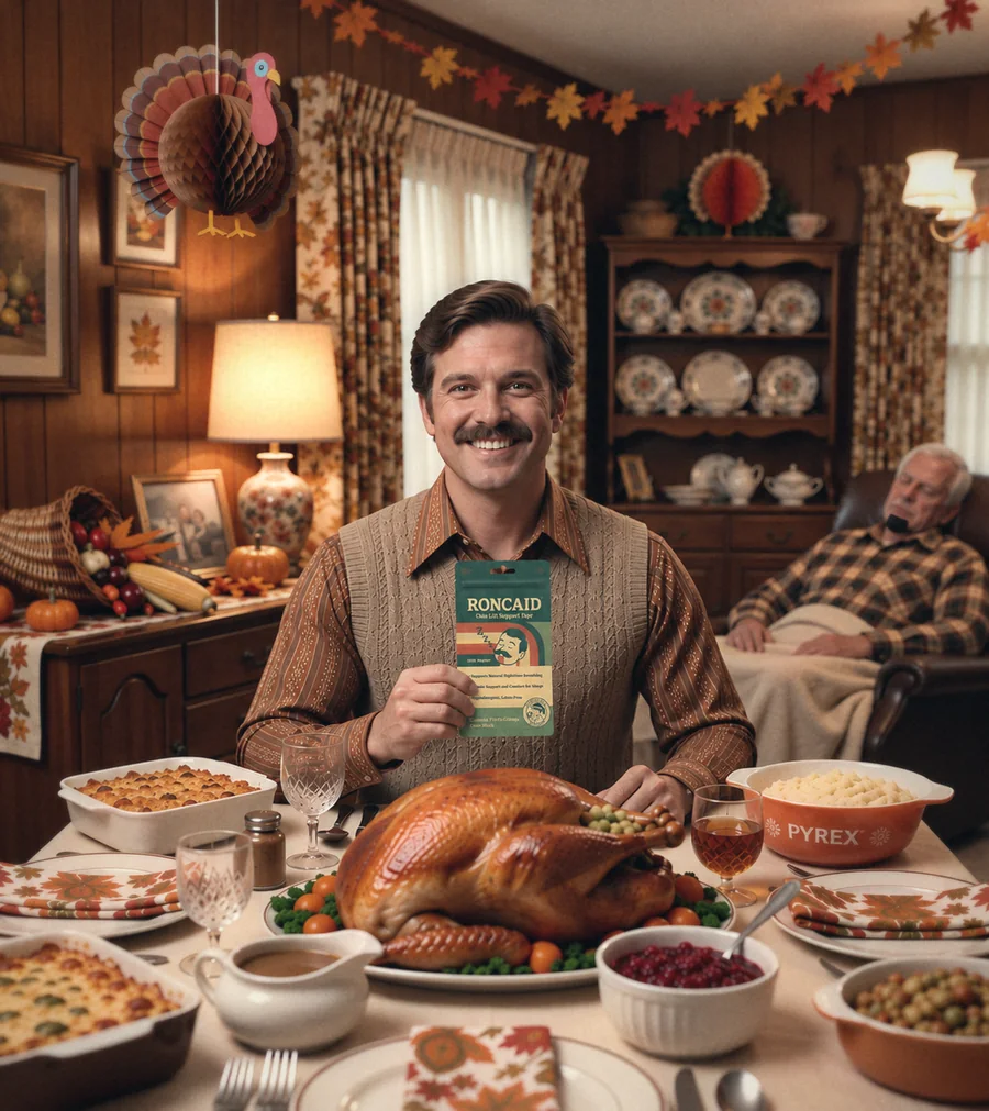 A 1970s Thanksgiving table, the turkey carved, a man holding a packet of Roncaid chin lift tape while an older relative sleeps in the recliner behind him