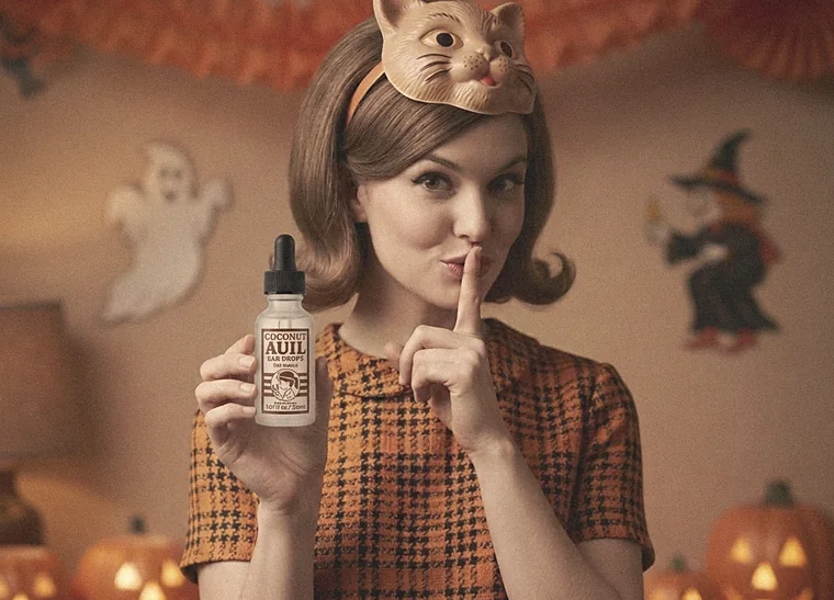 A woman in a 1960s cat mask holding a bottle of Coconut Auil, finger to her lips, with jack-o&rsquo;-lanterns behind her