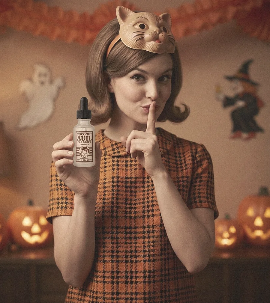 A woman in a 1960s cat mask holding a bottle of Coconut Auil, finger to her lips, with jack-o&rsquo;-lanterns behind her