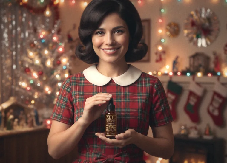 A woman in a tartan dress holding a bottle of Auil ear drops in a 1960s living room at Christmas