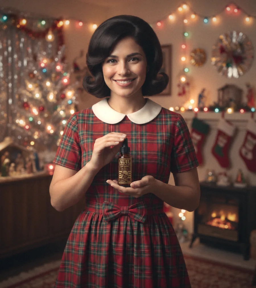 A woman in a tartan dress holding a bottle of Auil ear drops in a 1960s living room at Christmas